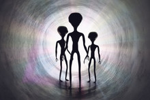 Silhouettes Of Creepy Aliens And Bright Light In Tunnel. 3D Rendered Illustration.