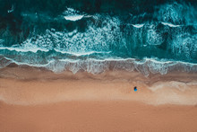 Aerial Top View From Drone Of Sandy Beach With Turquoise Sea Waves With Copy Space For Text