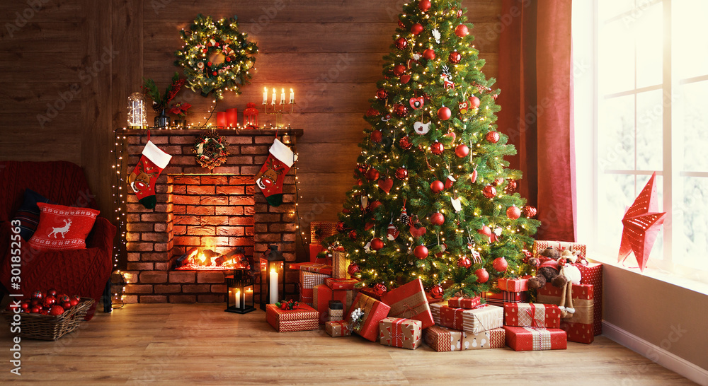 interior christmas. magic glowing tree, fireplace, gifts  . - obrazy, fototapety, plakaty 