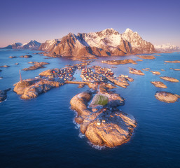 Wall Mural - Aerial view of rocks in sea, snowy mountains, purple sky at sunset in Lofoten Islands, Norway. Winter landscape with small islands in water, football field on the rock. Top view of Henningsvaer city