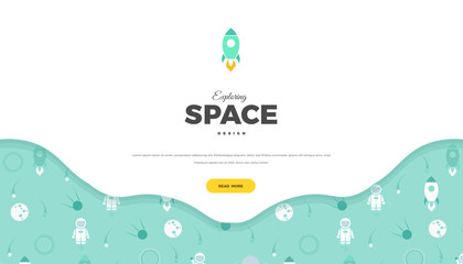 Space exploration creative background design with Planets, Rocket, Moon, Astronaut, Comet and Stars in cosmos. Cute soft blue color template for website page or banner vector illustration