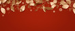 Red Christmas holiday background. Copy space for text with a garland of golden leaves and snowflakes. Design element for Christmas and New Year cards, banners. Top view. 3d illustration.