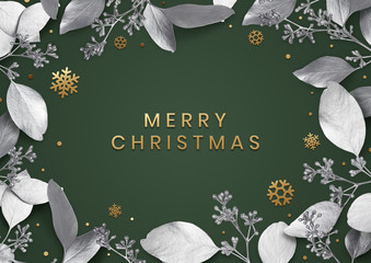 Wall Mural - christmas banner from silver leaves and golden snowflakes on a green background. design element for 