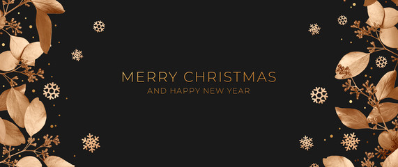 Wall Mural - christmas horizontal banner with golden leaves and snowflakes on a dark background. design element f