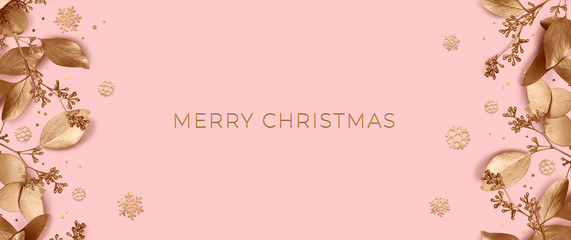 Wall Mural - christmas banner with golden leaves and snowflakes on a pink background. design element for new year