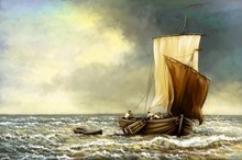 Fisherman, Sailing Boat On The Sea, Sea Landscape, Digital Oil Paintings. Fine Art.
