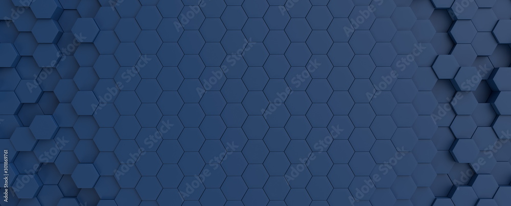 Hexagonal dark blue navy background texture placeholder, radial center space, 3d illustration, 3d rendering backdrop - obrazy, fototapety, plakaty 