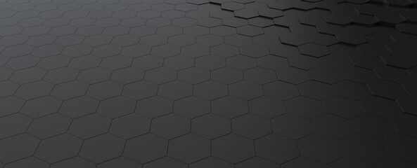 hexagonal dark grey, black background texture, 3d illustration, 3d rendering