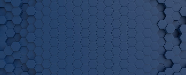 hexagonal dark blue navy background texture placeholder, radial center space, 3d illustration, 3d re