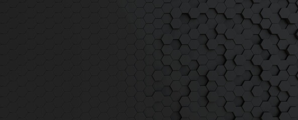 hexagonal dark grey, black background texture, 3d illustration, 3d rendering