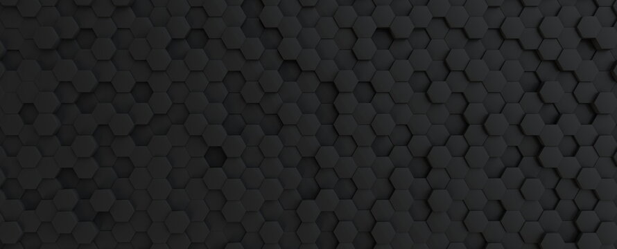 Hexagonal dark grey, black background texture, 3d illustration, 3d rendering