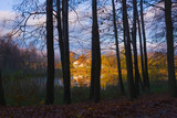 Fototapeta Natura - Colorful autumn landscape, reflection of yellow and red leaves of trees and white building in the lake, shore covered with reeds, view through branches
