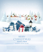Christmas Holiday Background With Colorful Gift Boxes And Garland. Vector.