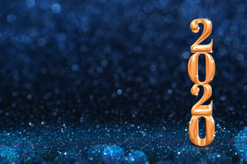 Poster - 2020 golden new years 3d rendering at abstract sparkling dark blue glitter perspective background studio.luxury holiday backdrop.mock up banner for display of product.celebration festive greeting card