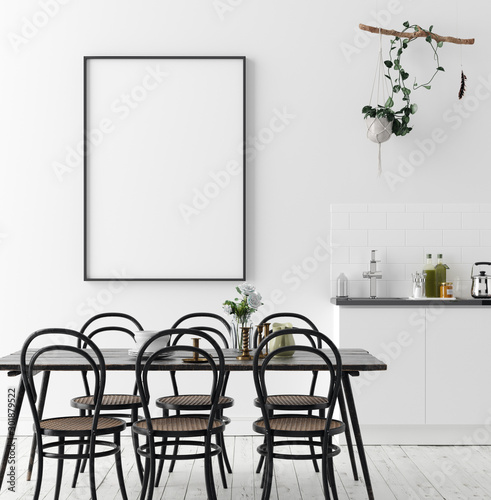 Fotomural Poster mock up in rustic dining room, Scandinavian style, 3d render