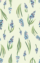Hand-painted Seamless Repeat Pattern With Beautiful Blue Muscari Grape Hyacinth Spring Flowers On An Off-white Background. Retro, Botanical Illustration Inspired And Sophisticated.