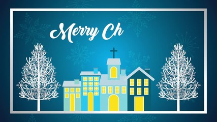 Sticker - happy merry christmas animation with neighborhood in snowscape