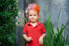Funny Portrait Of Boy With Messy Hairstyle. Crazy Hipster Kid. Stylish Boy With Painted Colorful Hair. Happy Children Having Fun And Celebrating At Party In Family Summer Camp. Positive And Cheerful.