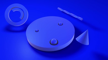 Poster - 3D animation of blue geometric background, 4K quality. The disk moves slowly with a cone and a ring. The movements are smooth and relaxing. abstract banner, futuristic surrealism, design.