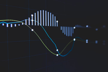 Stock market trading graph and candlestick chart on screen for businese financial investment concept. Economy trends background. Abstract finance and invest background.