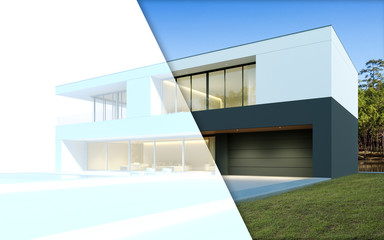 Poster - Half frame perspective of luxury modern house with swimming pool on forest lake background and building wire-frame, Idea of minimal architecture design. 3D rendering