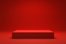 Empty Red Background And Stand Display Or Shelf With Studio For Showing Or Design Christmas Concept. Blank Backdrop Made From Cement Material. Realistic 3D Render.