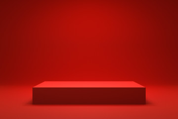 Aufkleber - Empty Red background and stand display or shelf with studio for showing or design christmas concept. Blank backdrop made from cement material. Realistic 3D render.