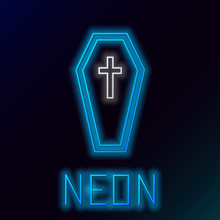 Blue Glowing Neon Line Coffin With Christian Cross Icon Isolated On Black Background. Happy Halloween Party. Colorful Outline Concept. Vector Illustration