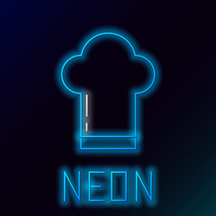 Sticker - Blue glowing neon line Chef hat icon isolated on black background. Cooking symbol. Cooks hat. Colorful outline concept. Vector Illustration