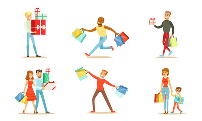 Sticker - Joyful people with shopping in bags and boxes. Vector illustration