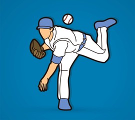 Sticker - Baseball player action cartoon graphic vector.