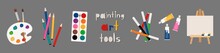Painter Art Tools. Paint Arts Tool Kit Vector Illustration, Vector Watercolor Painting Design Artists Supplies, Brushes Easel Palette Felt-tip Pens