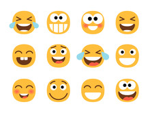 Cheerful Emoticons. Funny Laughing Faces, Laugh With Tears Smile, Joy And Happiness, Smiling Cartoon Emoji Set, Lol Cheering Characters