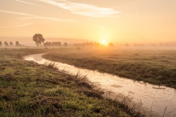 Fototapeta Breathtaking shot of a Dutch polder in a field and the rising sun in the background