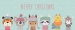 Merry Christmas card with Cute animals. Hand drawn characters in winter clothes. Greeting flyer.