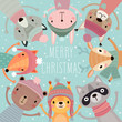 Christmas card with Cute forest animals. Hand drawn characters. Greeting flyer.