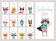 Calendar 2020. Cute Monthly Calendar With Super Hero Animals. Hand Drawn Characters.