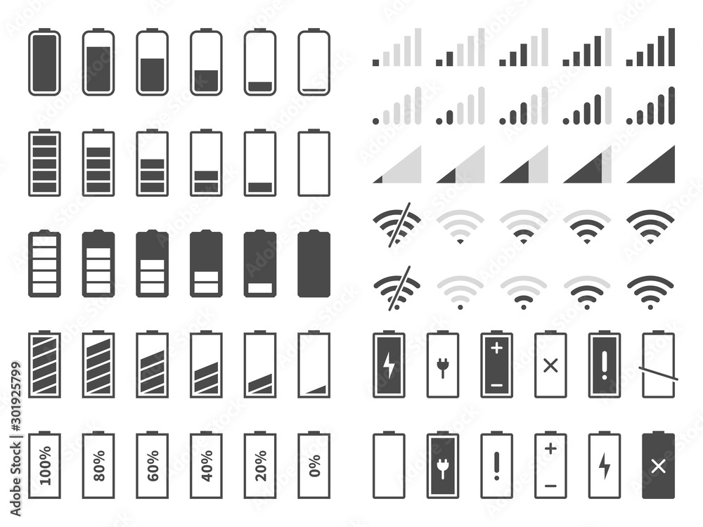 Signal and battery icons. Network signal strength and telephone charge level. Battery status, wifi internet wireless loading vector set - obrazy, fototapety, plakaty 