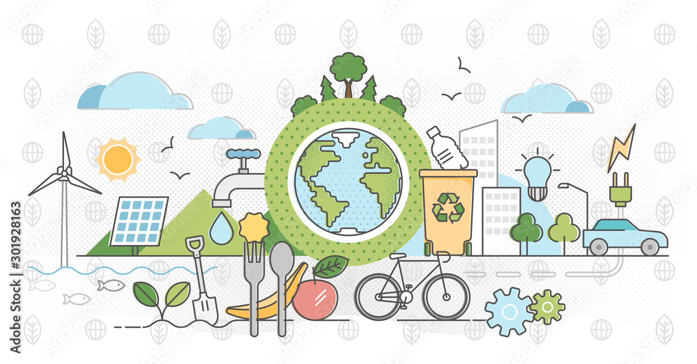 Eco friendly outline concept clean environment vector illustration - obrazy, fototapety, plakaty 