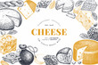 Cheese design template. Hand drawn vector dairy illustration. Engraved style different cheese kinds banner. Vintage food background.