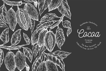 Wall Mural - Cocoa design template. Chocolate cocoa beans background. Vector hand drawn illustration on chalk board. Vintage style illustration.