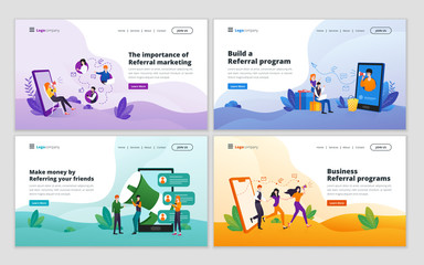 Landing page template of referral marketing strategy. Affiliate marketing, referral program, network marketing, business partnership, refer a friend concept for website and mobile website development