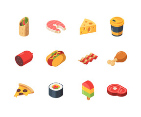 Sticker - Food icons. Cheese bread burger water meal fruits fish fresh natural products vector isometric symbols. Food fish and meat, cheese and coffee illustration