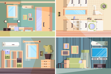 Sticker - Living room banners. Indoor composition with different furniture chairs bed tables sitting places wardrobe vector orthogonal pictures. Interior home living room, kitchen and bedroom with furniture