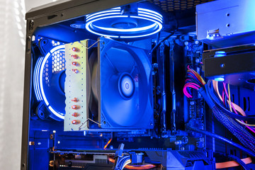 Fototapete - Large processor cooler on a modern gaming computer with RGB illumination. Detail of processor, memory, graphics card and coolers.