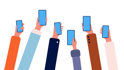 Poster - Hands with phones. Many people holding smartphones in hands crowd with gadgets internet connection online friendship vector. Illustration smartphone gadget in human hand