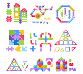 Building kit or constructor, kid toy, puzzle or jigsaw, isolated icons