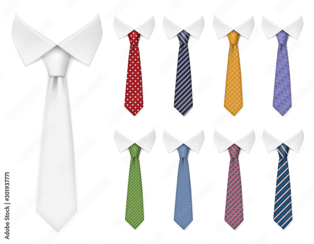 Men ties. Fabric clothes items for male wardrobe elegant style ties different colors and textures vector realistic mockup collection. Fabric textile, elegance clothing accessory necktie illustration - obrazy, fototapety, plakaty 