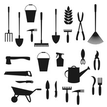 Garden Tools. Shovel, Rake, Wheelbarrow, Spade