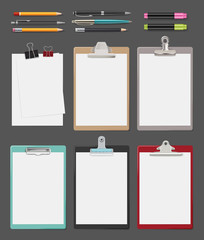 Wall Mural - Clipboard. Office supplies blank sheet notes on tablet vector clipboard realistic collection. Clipboard and sheet, pencil nd pen for office illustration
